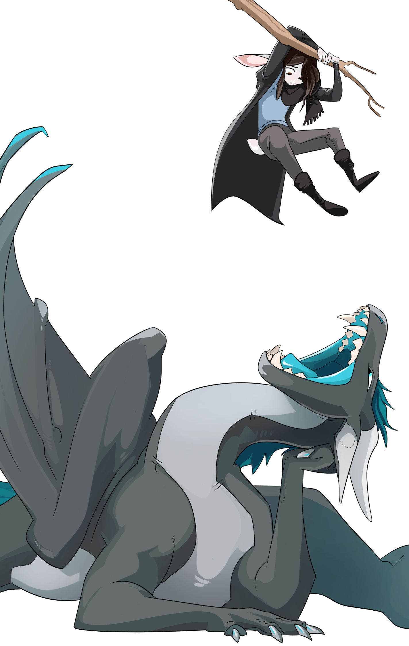 Mari hanging by a branch while Kyu waits below