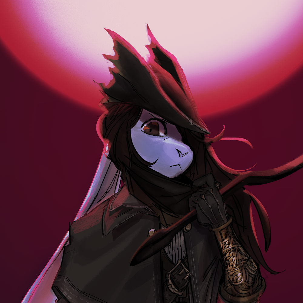 Mari standing infront of the red moon