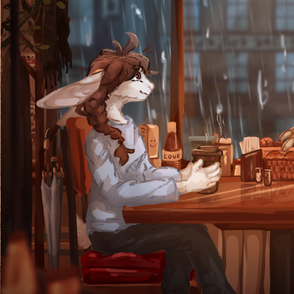 Mari and Basket having a coffee