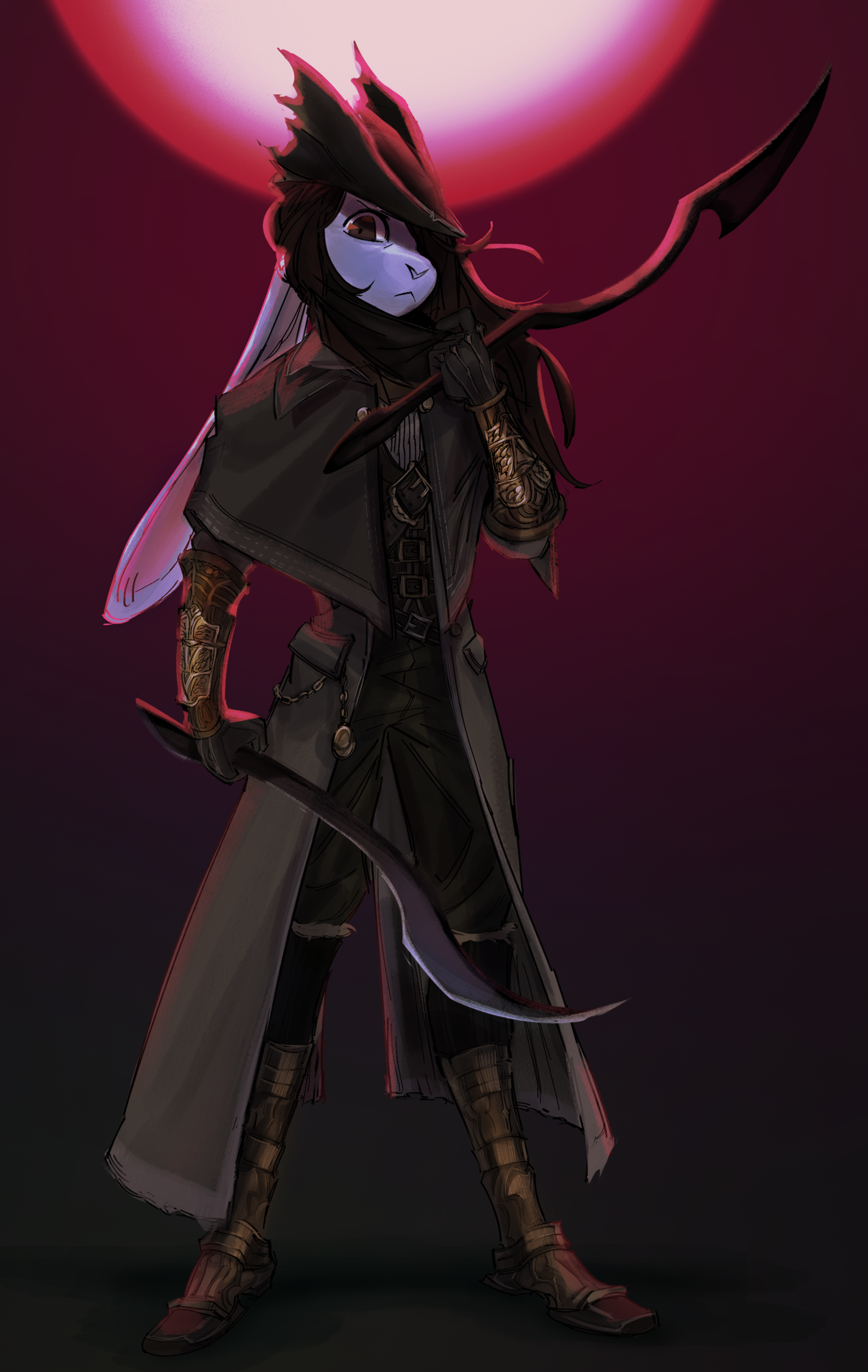 Mari standing infront of the red moon