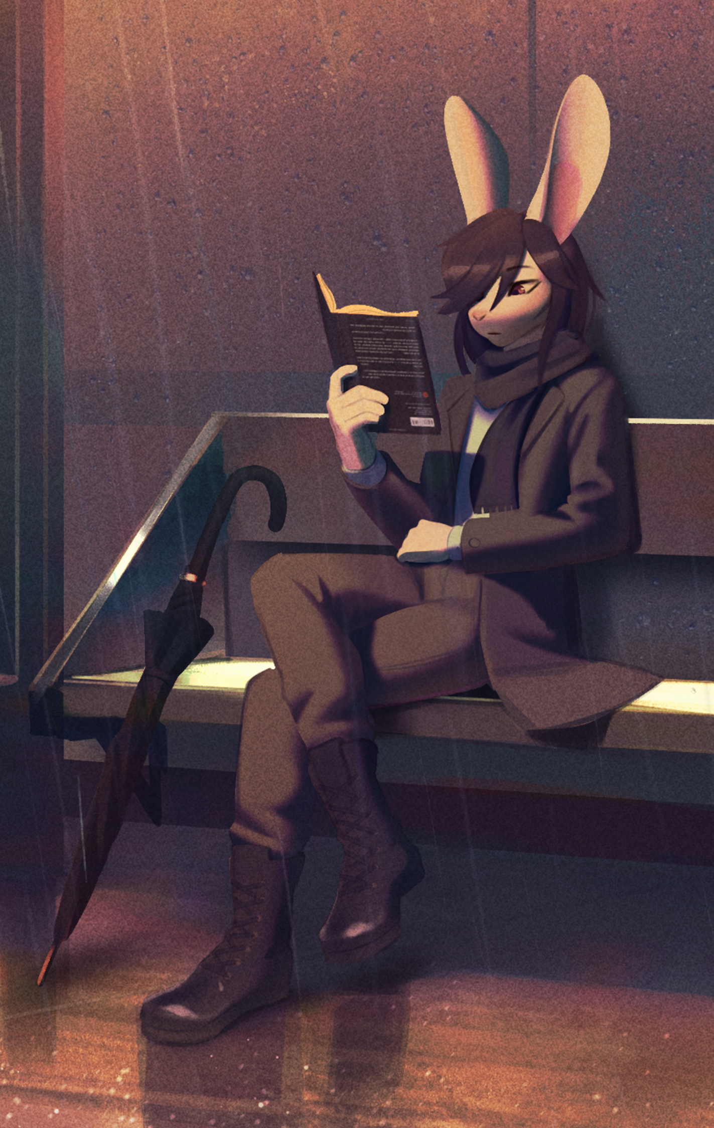 Mari sitting at a tram stop